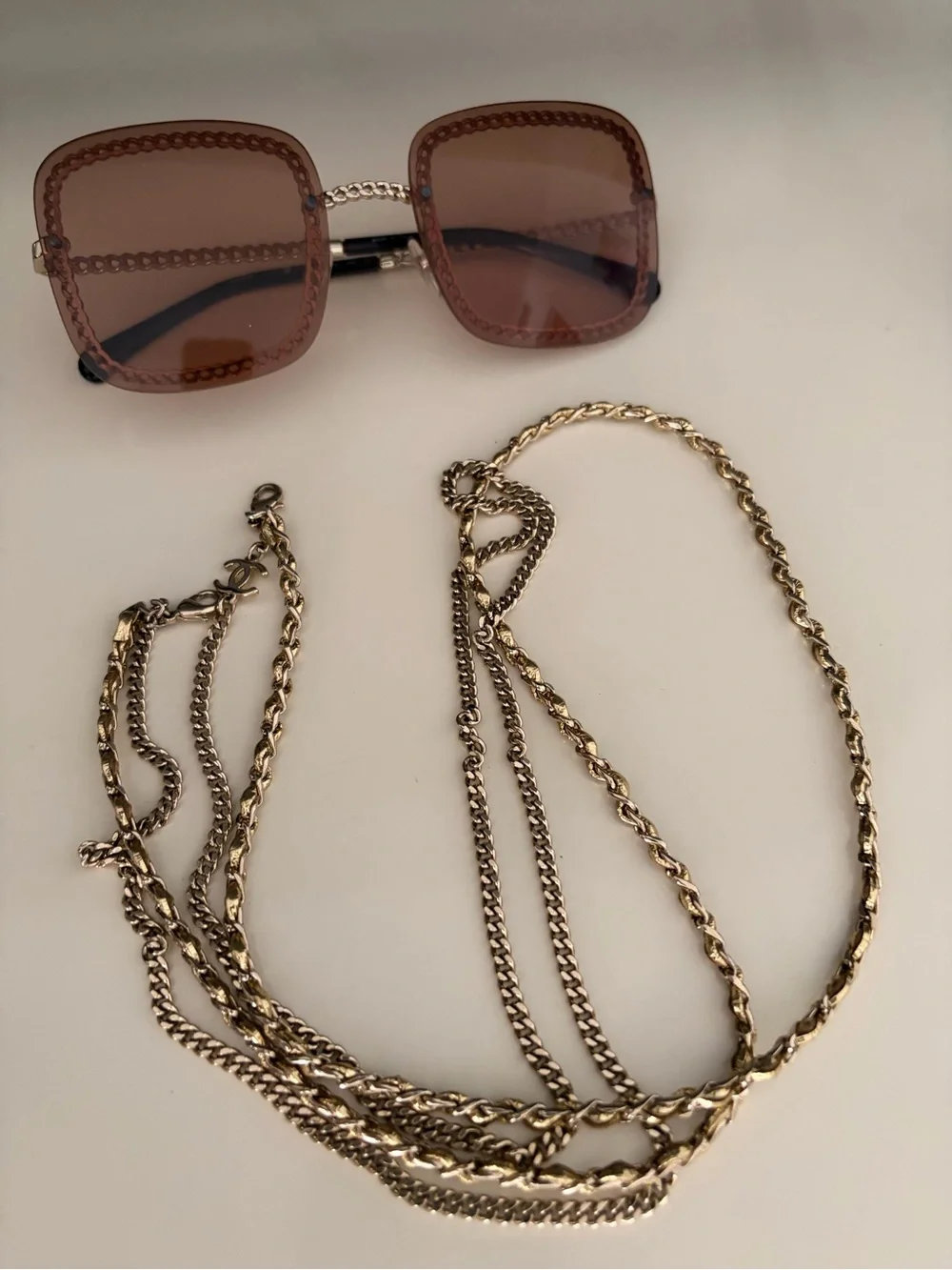 CHANEL Square Sunglasses with Pink/Brown Lenses and Gold Chain Ch4244 Col. 395/3